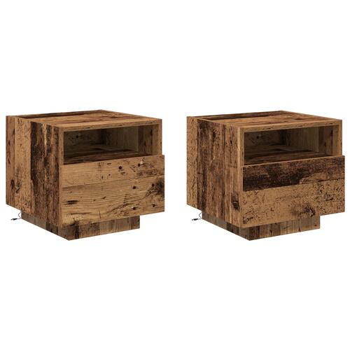 Natborde med LED-lys 2 stk Gammel træ 40x39x37 cm