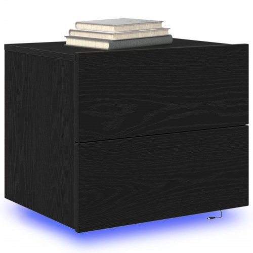 Sengebord med LED vægmonteret sort eg 50x39x41 cm