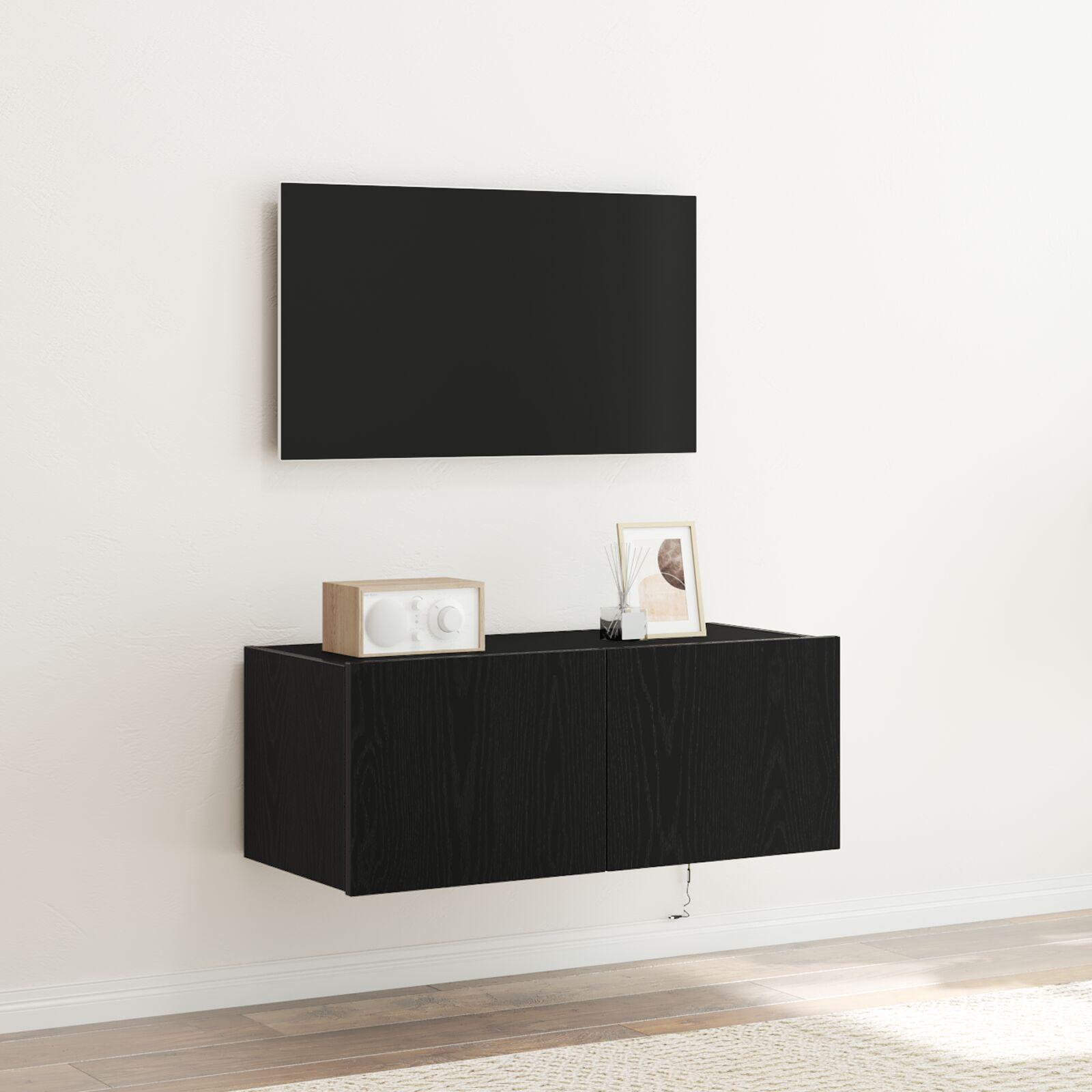 TV Vægs Kabinet med LED Lys Sort Eg 80x35x31 cm