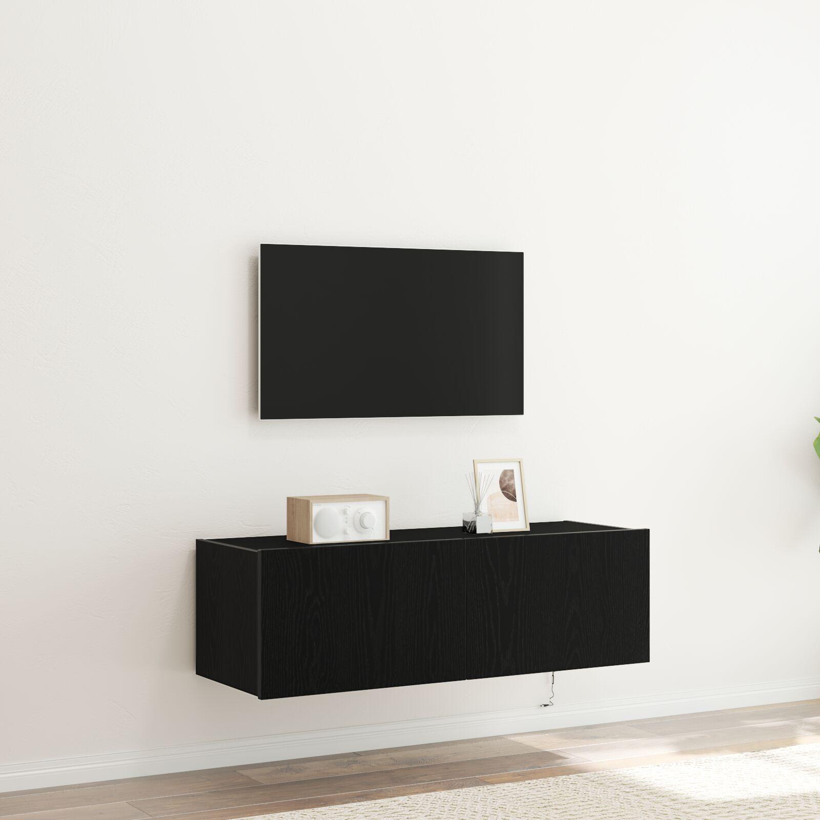 TV Vægskab med LED Lys Sort Eg 100x35x31 cm