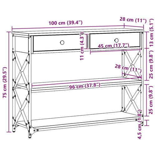 Konsolbord Sort Eg 100x28x75 cm Konstrueret Træ & Stål