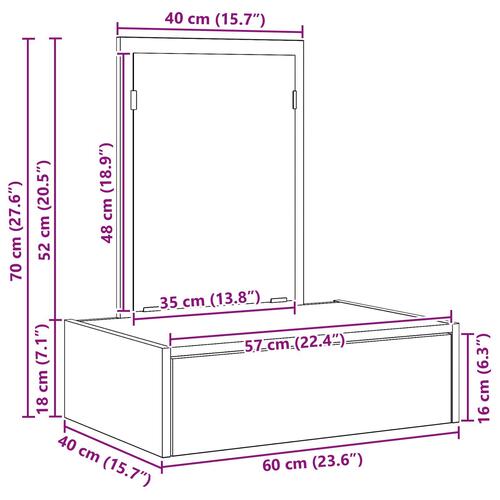 Væghængt Makeupbord Sort Eg 60x40x70 cm