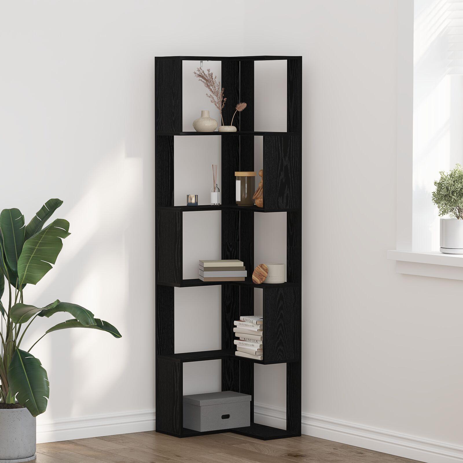 Hjørnebogreol 5-lag Sort Eg 50x50x179 cm Konstrueret Træ