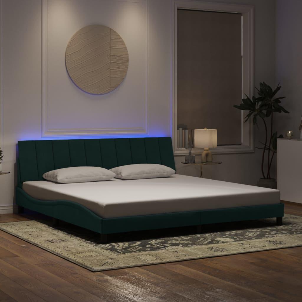 Sengeramme med LED-lys 200x200 cm velour mørkegrøn