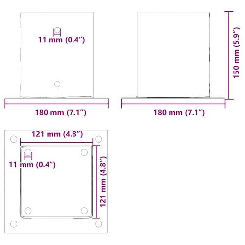 Stolpefødder firkantet 4 stk. 121x121 mm pulverlakeret stål