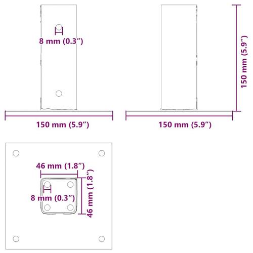 Stolpefødder firkantet 4 stk. 46x46 mm galvaniseret stål