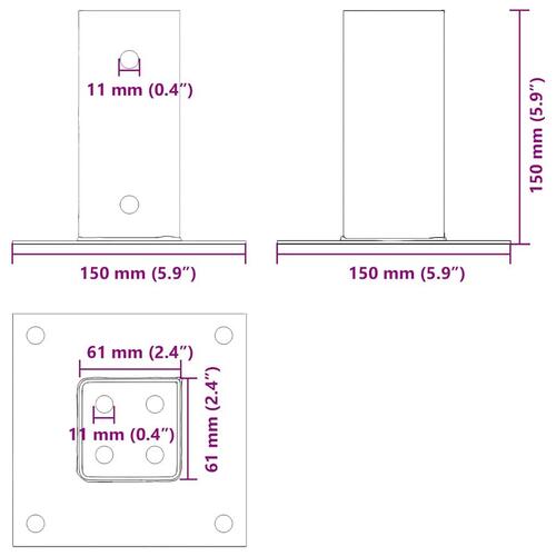 Stolpefødder firkantet 12 stk. 61x61 mm pulverlakeret stål