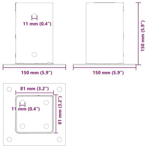 Stolpefødder firkantet 12 stk. 81x81 mm pulverlakeret stål