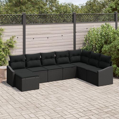 Havensofa Sæt Sæt med 8 Sort Poly rattan, Stål, Stof