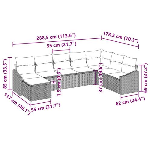 Havensofa Sæt Sæt med 8 Sort Poly rattan, Stål, Stof