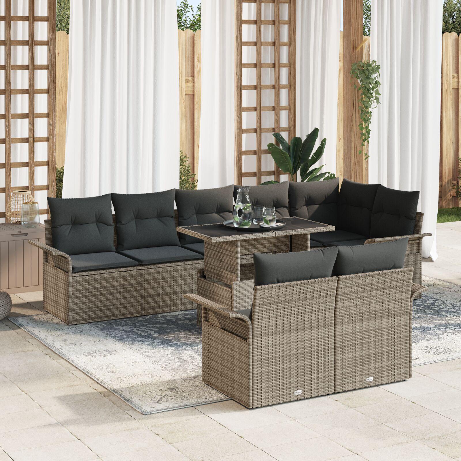 Havesofa Sæt 9 dele Grå Rattan Havemøbler Rektangulær Moderne