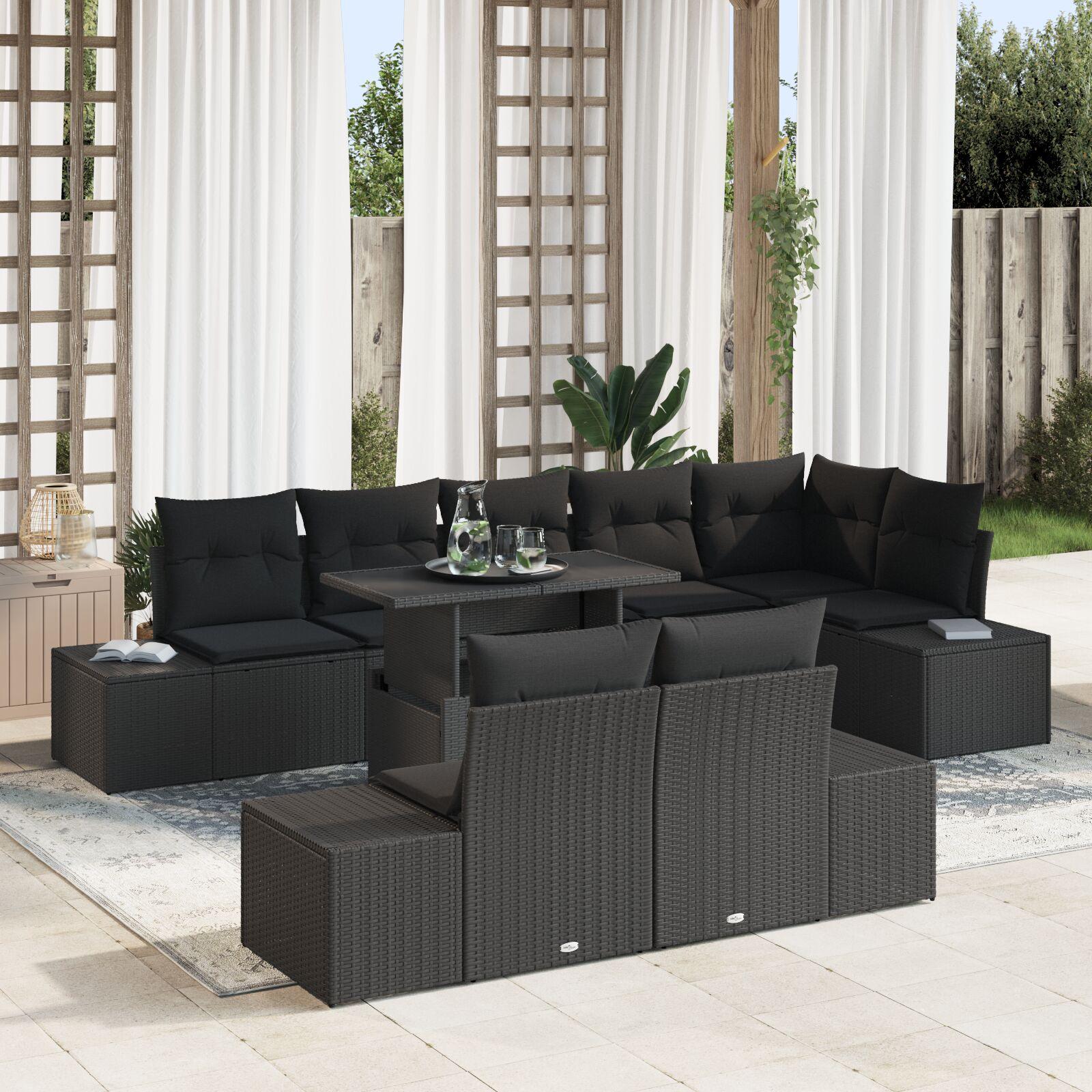 Have Sofa Sæt 9 Dele Sort Rattan væv, stofpuder Have Møbler