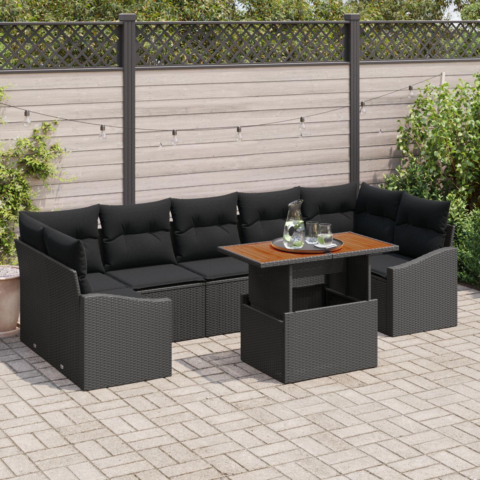 Have Sofa Sæt 8 Dele Sort Rattan, Træ Sofa Sæt Rektangulær
