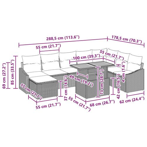 Hjørnesofa sæt Sæt af 9 Grå Rattan Hjørnesofa til haven