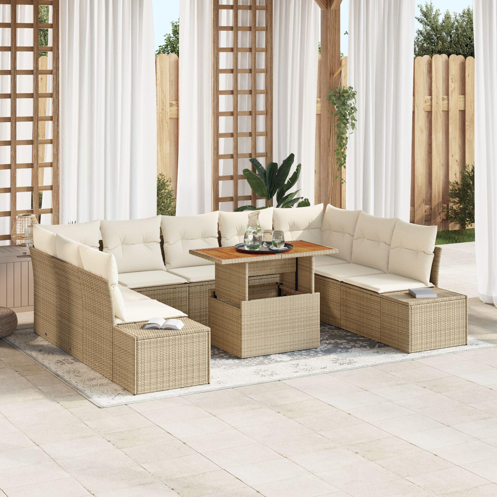 10 Stykker Have Spisesæt med Hynder Beige Poly Rattan Akacietræ