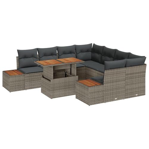 Have Sofa Sæt 9 Deler Grå Flet og Træ Have Sofa Sæt Rektangulær