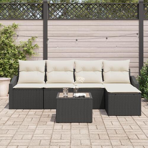 Havemøbel Sofa Sæt 6 dele Sort Rattan Udendørs Sofa Rektangulær
