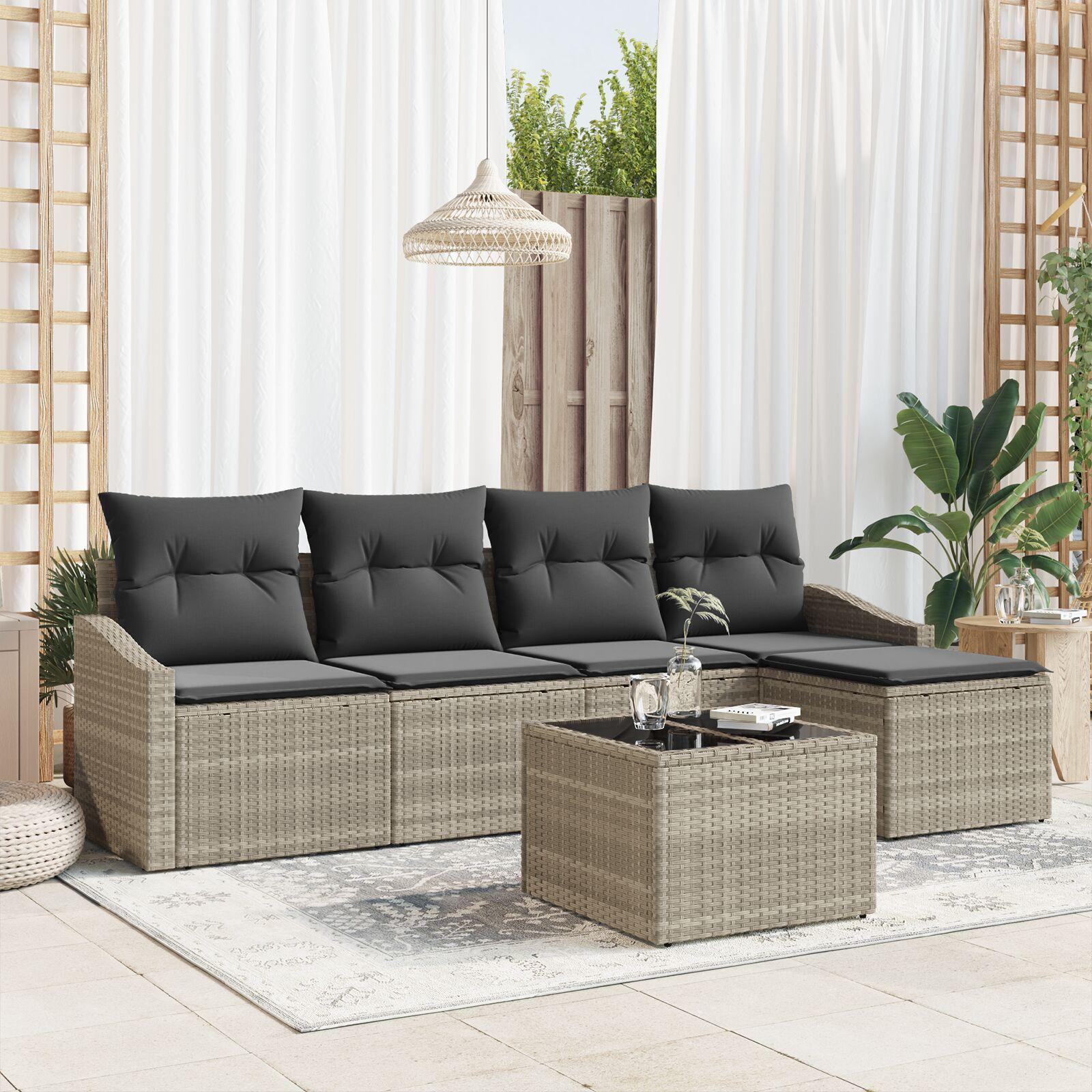 Have Sofa Sæt 6 Stykker Beige Rattan Udendørs Sofa Rektangulær