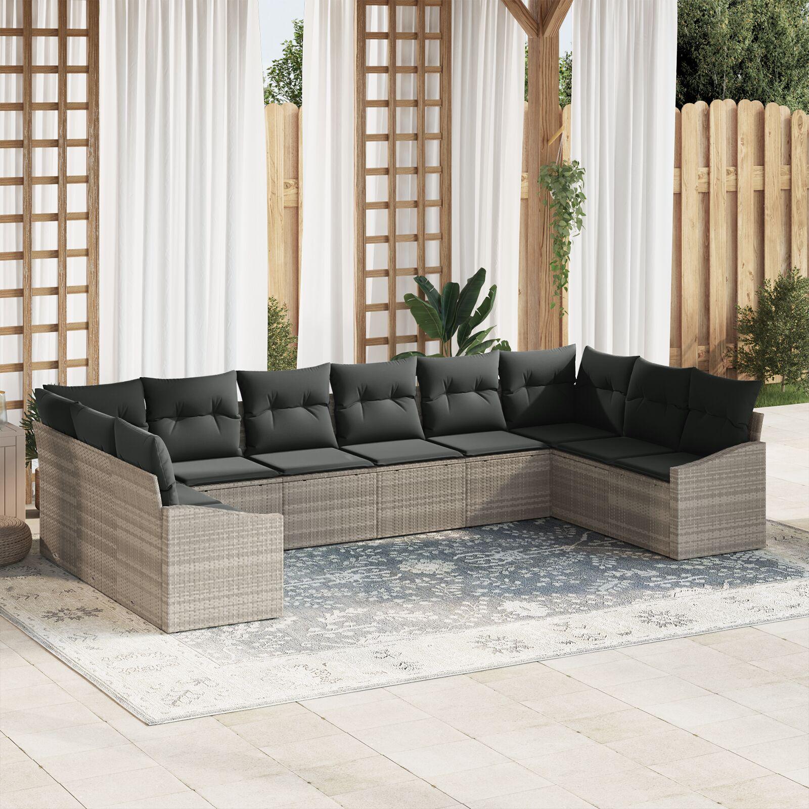 Havesofa Sæt 10 Stykker Mørkegrå Rattan Havesofa Rektangulær