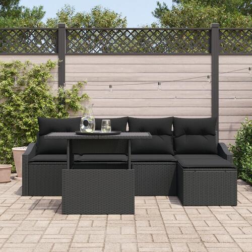 Havesofa Sæt 6 Dels Sort Rattan og Polyester Udendørsmøbler