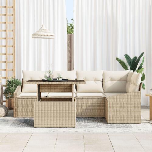 Havestue Sæt 6 Stykker Beige Rattan Havemøbel Sæt Rektangulær