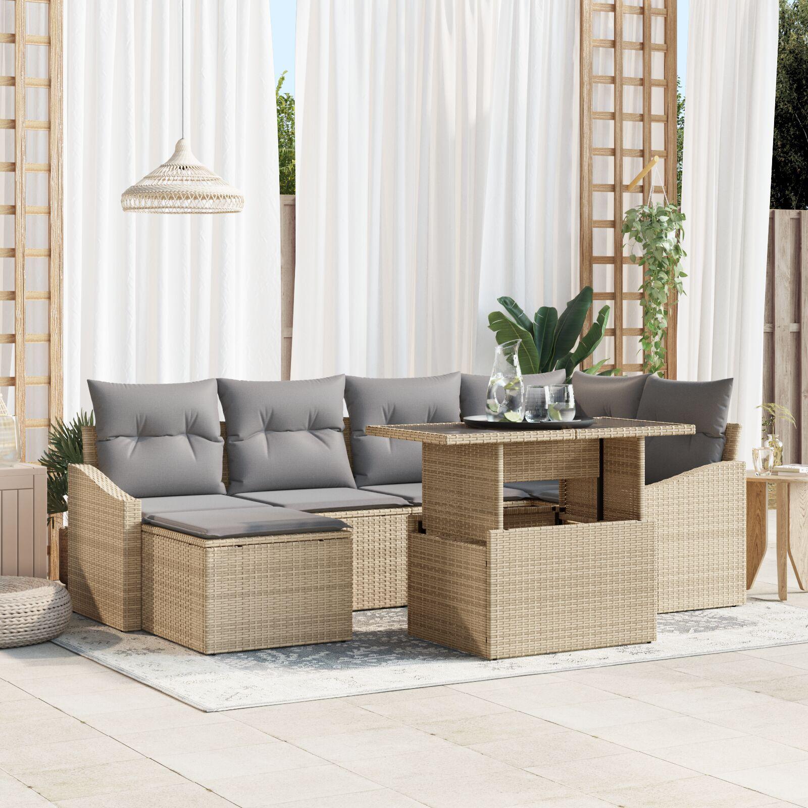 Have Sofa Sæt Sæt af 7 Beige, Grå Rattan, Polyester Have Sofa Sæt