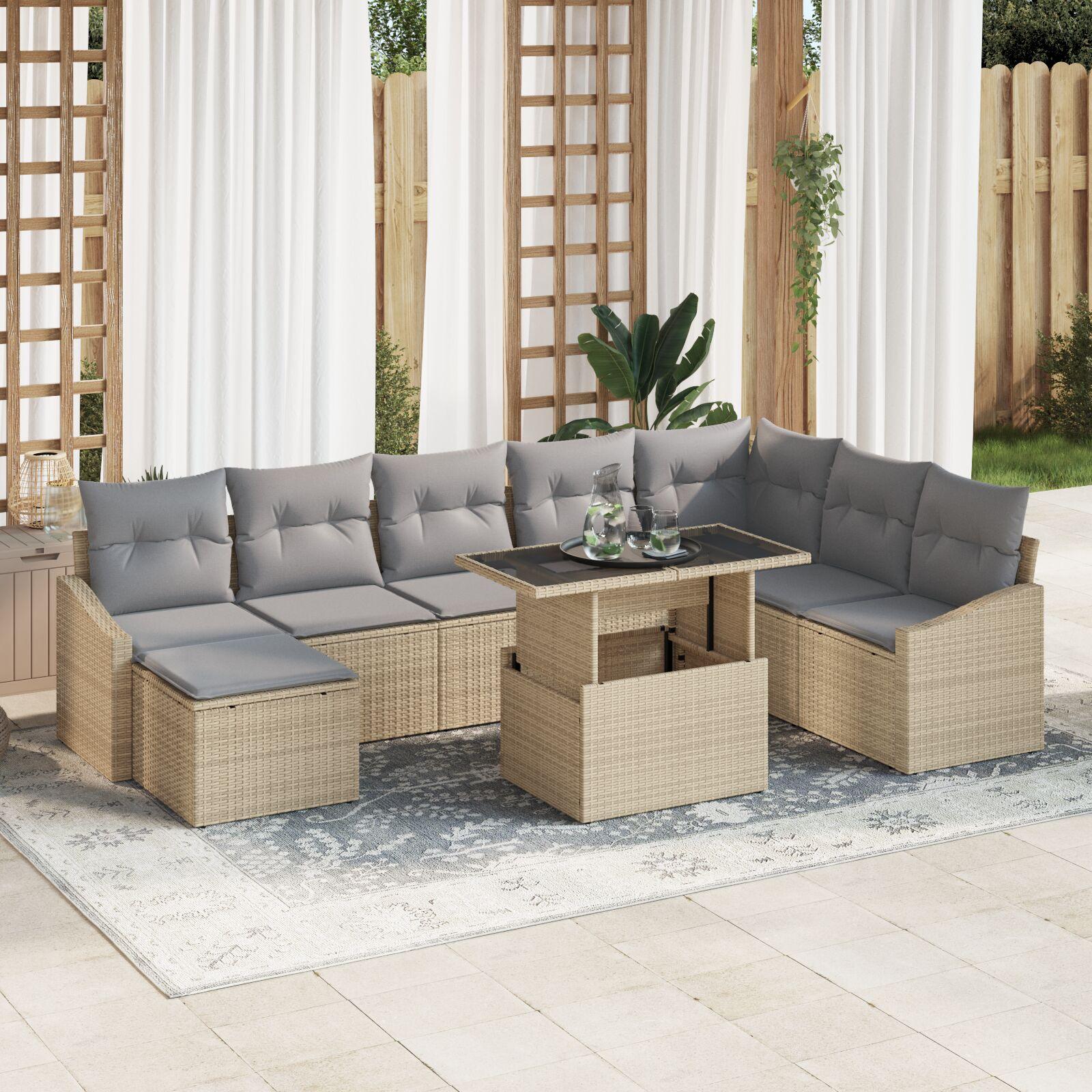 9 Delers Have Sofagruppe med Puder Beige Poly Rattan