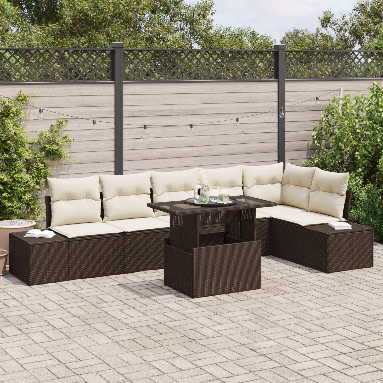 7 Deles Have Sofa Sæt med Hynder Brun Poly Rattan