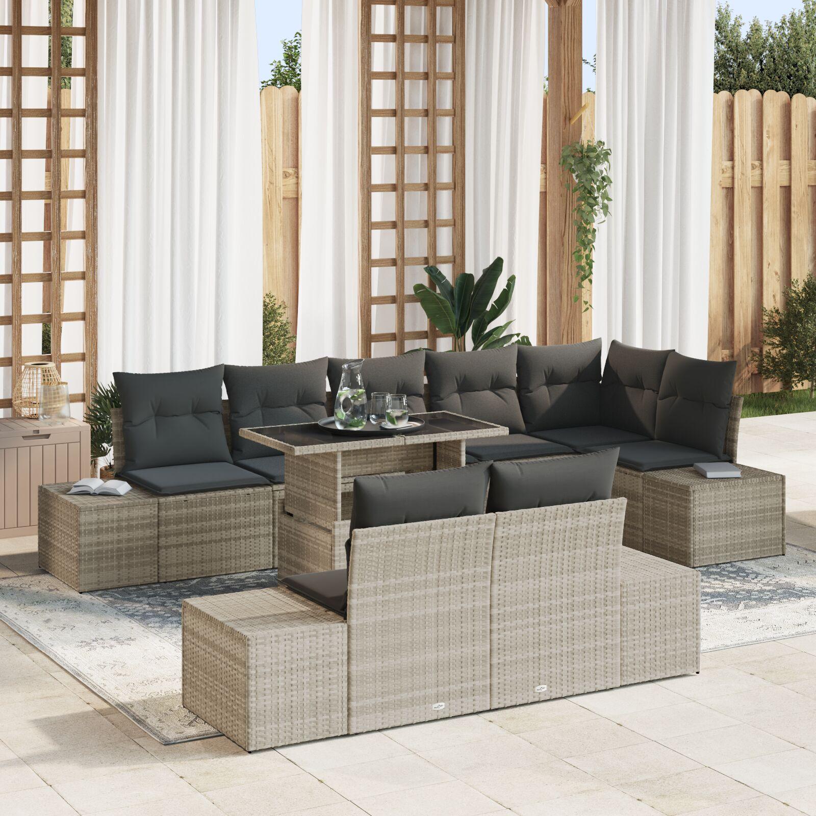 Have Sofa Sæt 9 Stk Beige, Sort Poly Rattan, Glas, Polyester