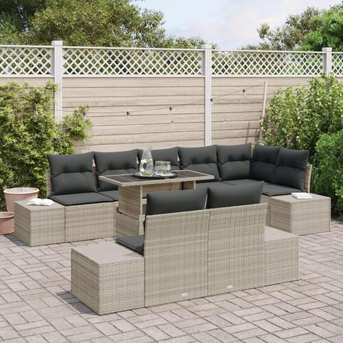 Have Sofa Sæt 9 Stk Beige, Sort Poly Rattan, Glas, Polyester