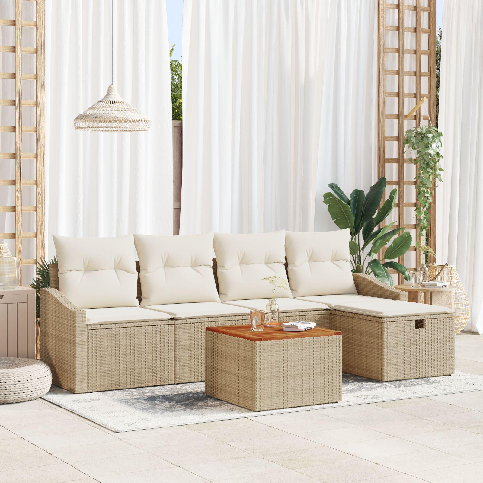 Havemøbel Sæt 6 Stykker Beige, Hvid Rattan Udendørs Sofa