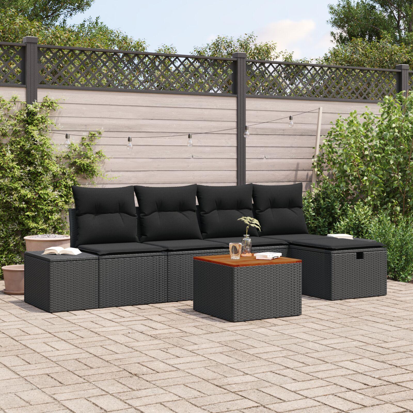 Havesofa-sæt med opbevaring - 6 dele, sort polyrattan