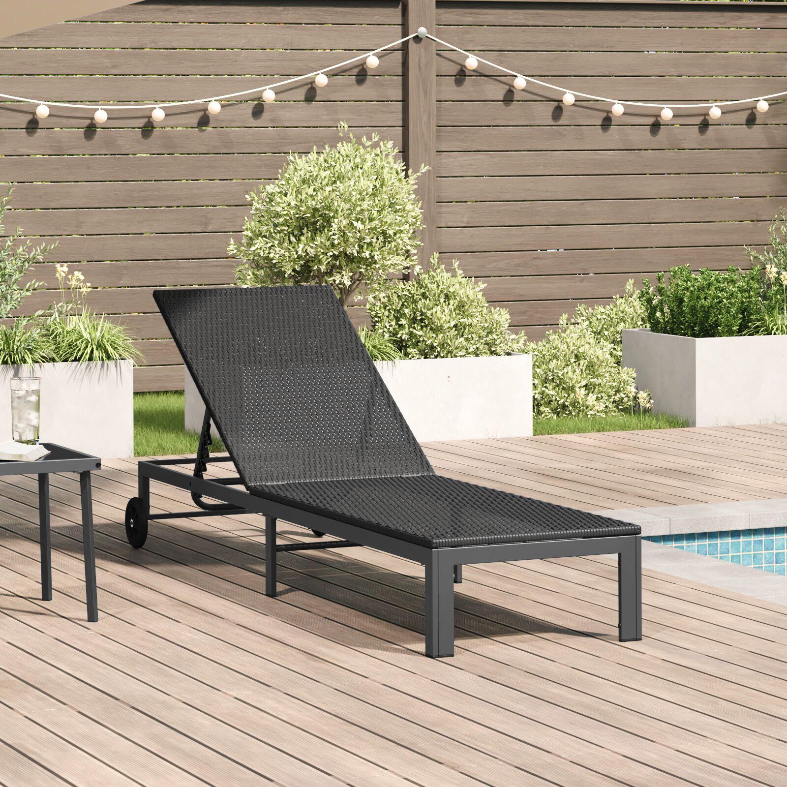 Solseng med Hjul Sort Poly Rattan