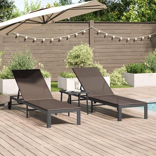 Solsenge 2 stk med hjul og bord Brun Poly Rattan