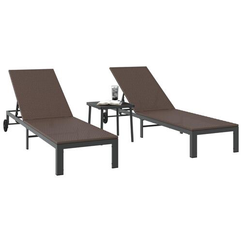 Solsenge 2 stk med hjul og bord Brun Poly Rattan