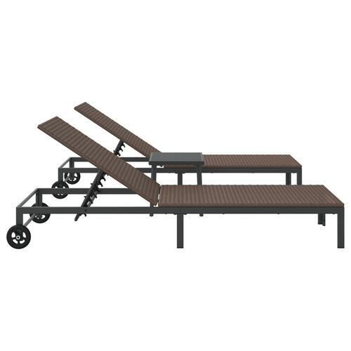 Solsenge 2 stk med hjul og bord Brun Poly Rattan