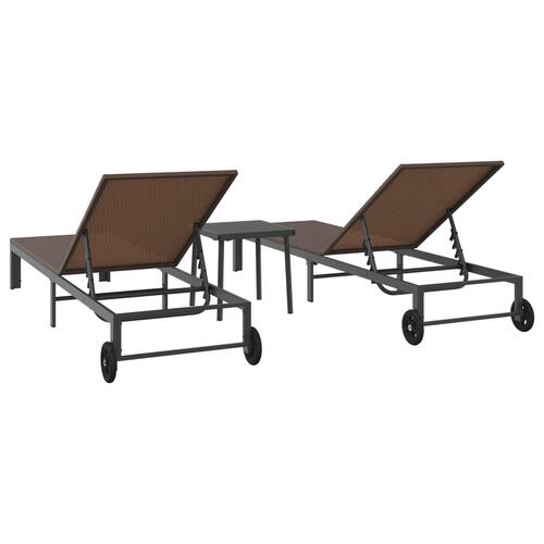Solsenge 2 stk med hjul og bord Brun Poly Rattan