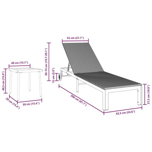 Solsenge 2 stk med hjul og bord Brun Poly Rattan