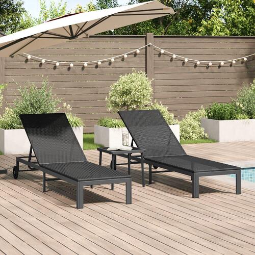 Solsenge 2 stk med hjul og bord Sort Poly Rattan
