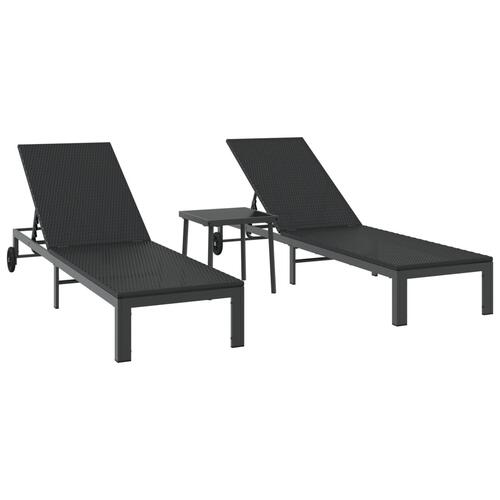 Solsenge 2 stk med hjul og bord Sort Poly Rattan