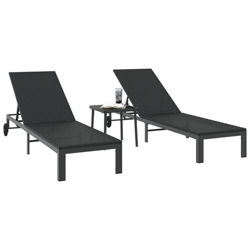 Solsenge 2 stk med hjul og bord Sort Poly Rattan