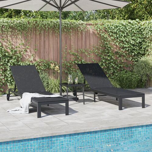 Solsenge 2 stk med hjul og bord Sort Poly Rattan