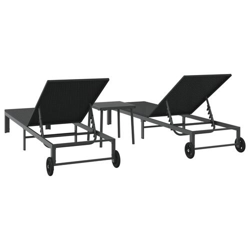 Solsenge 2 stk med hjul og bord Sort Poly Rattan