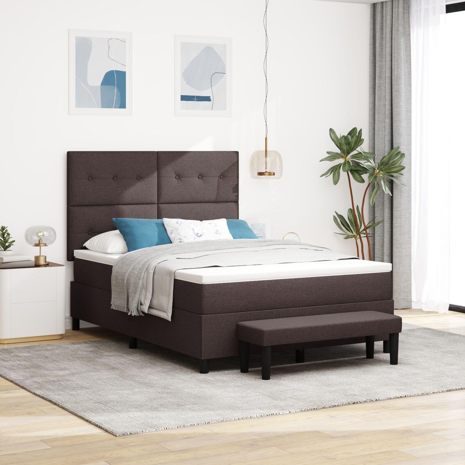 Box Spring Seng med Madras & Bænk Mørkebrun 140x200 cm Stof