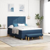 Boxspring Seng med Madras & Bænk Blå 160x200 cm Stof