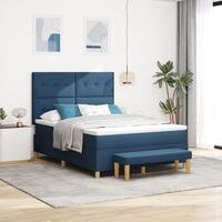 Boxspring Seng med Madras & Bænk Blå 140x200 cm Stof