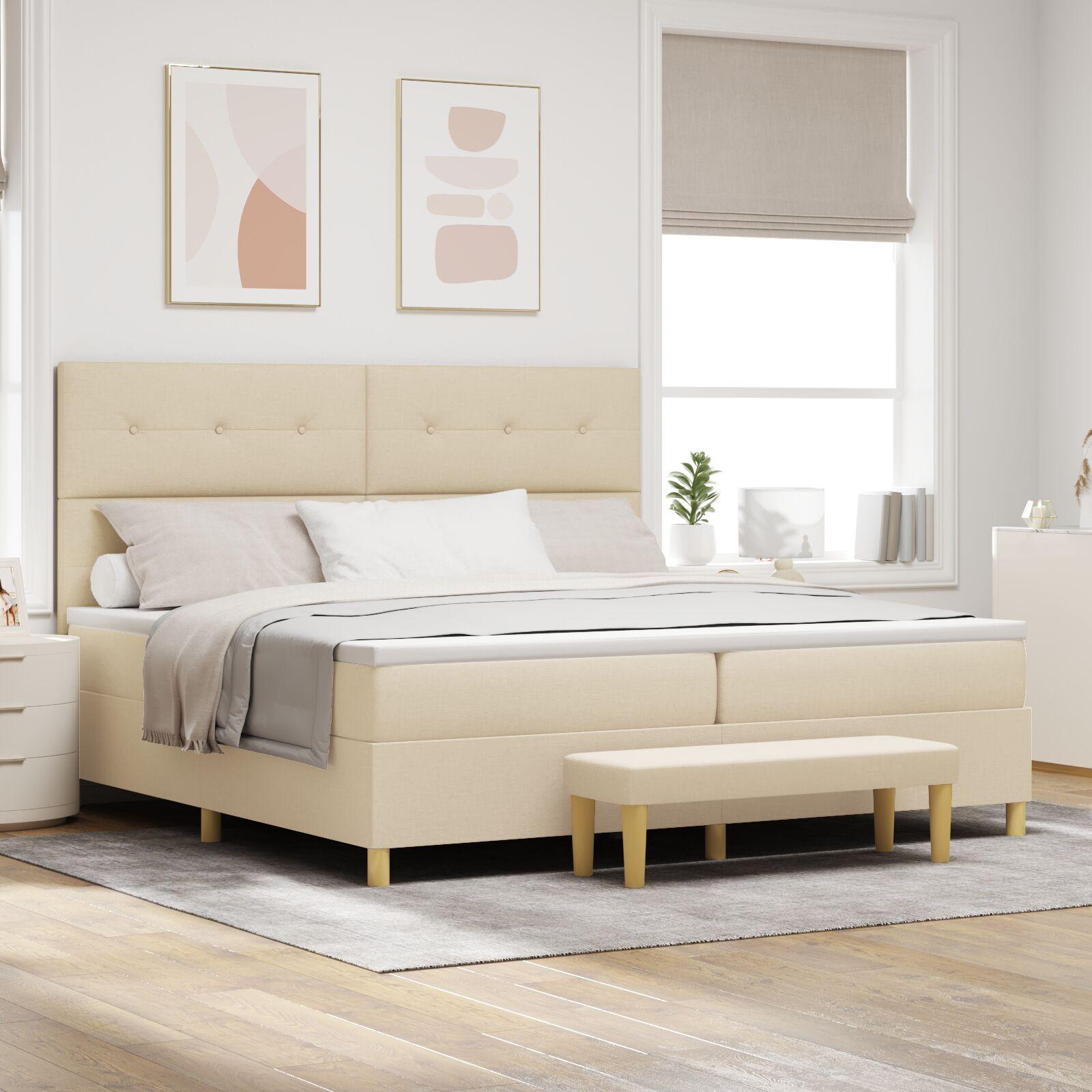 Box Spring Seng med Madras & Bænk Cremefarvet 200x200 cm Stof