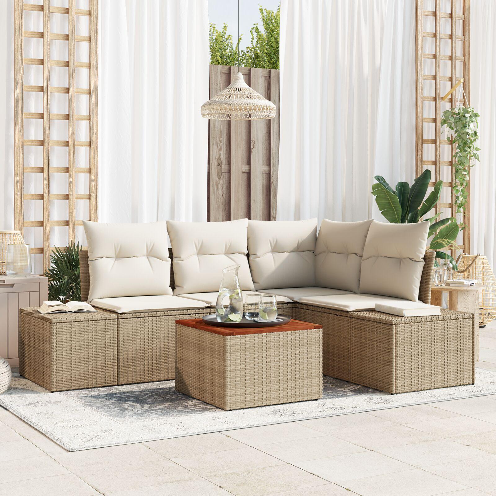 Have Sofa Sæt Sæt af 5 Beige og creme Poly Rattan, Polyester, Stål