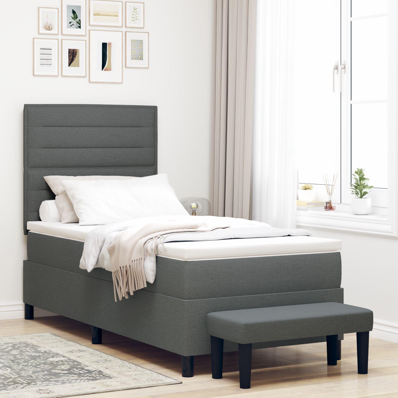 Box Spring Seng med Madras & Bænk Mørkegrå 90x200 cm Stof