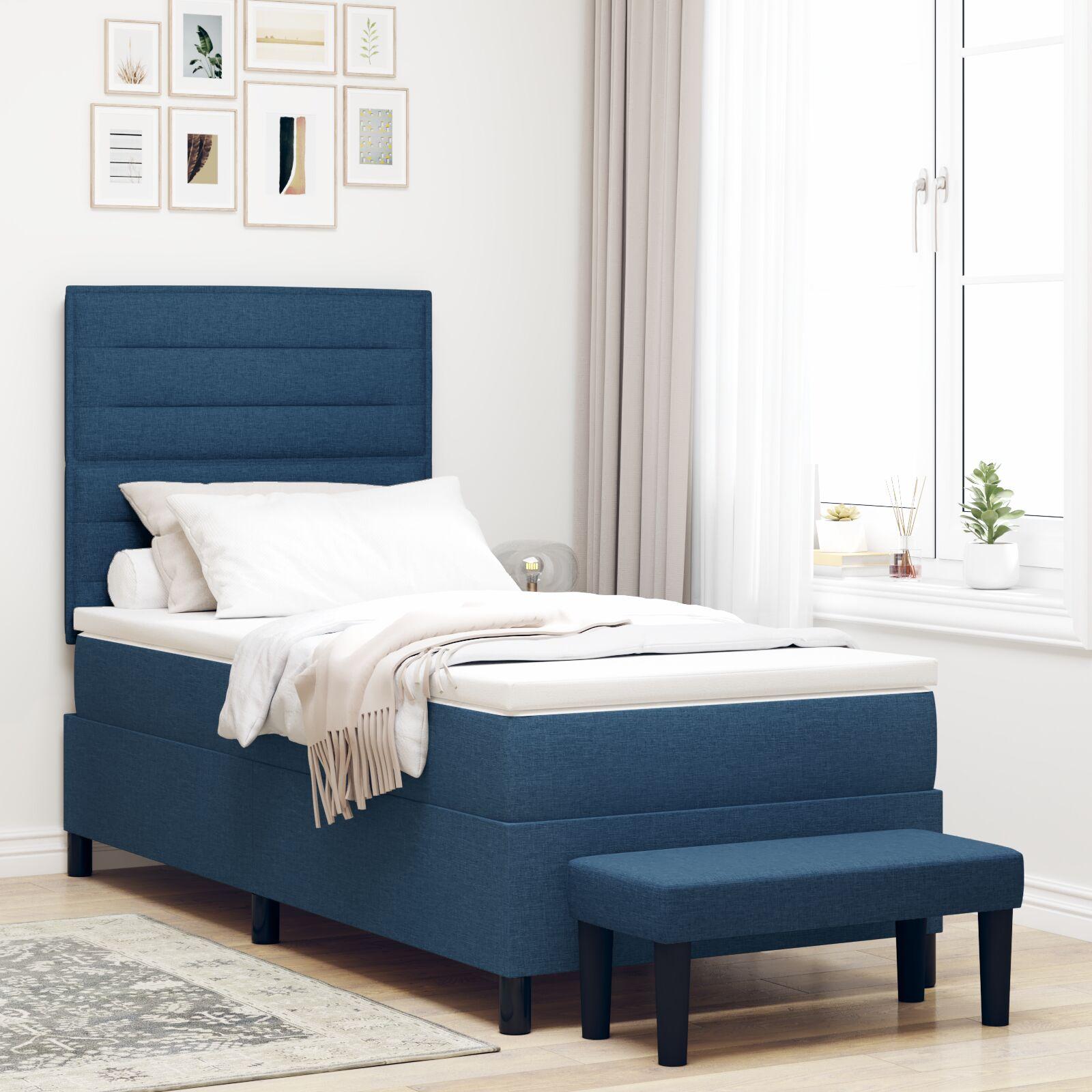 Box Spring Seng med Madras & Bænk Blå 90x200 cm Stof